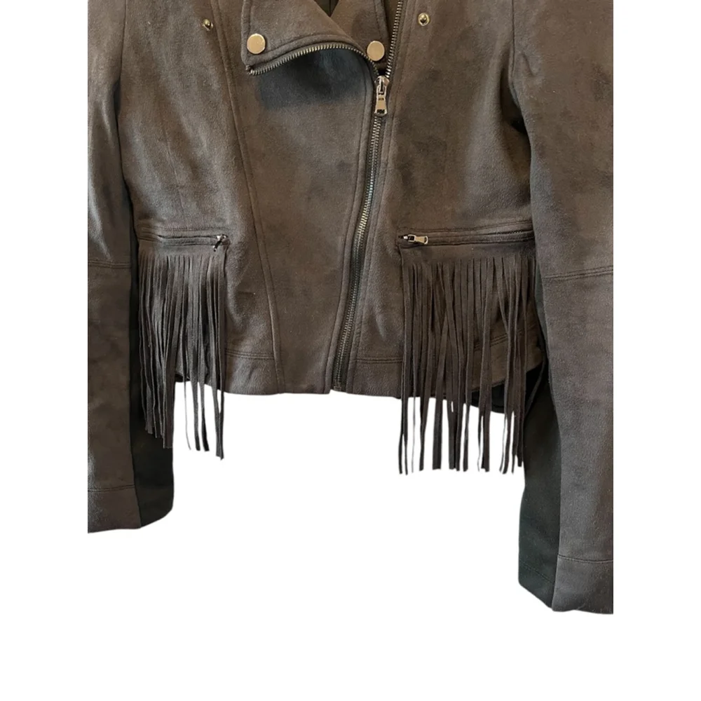 FATE Revolve Black Fringe Trim Faux Suede Asymmetrical Zip Lightweight Jacket S - Picture 3 of 10